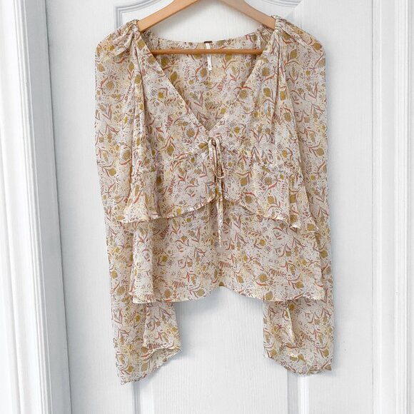 Free People - Uptown Bell Sleeve Top - Ivory Floral Print - Picture 4 of 7